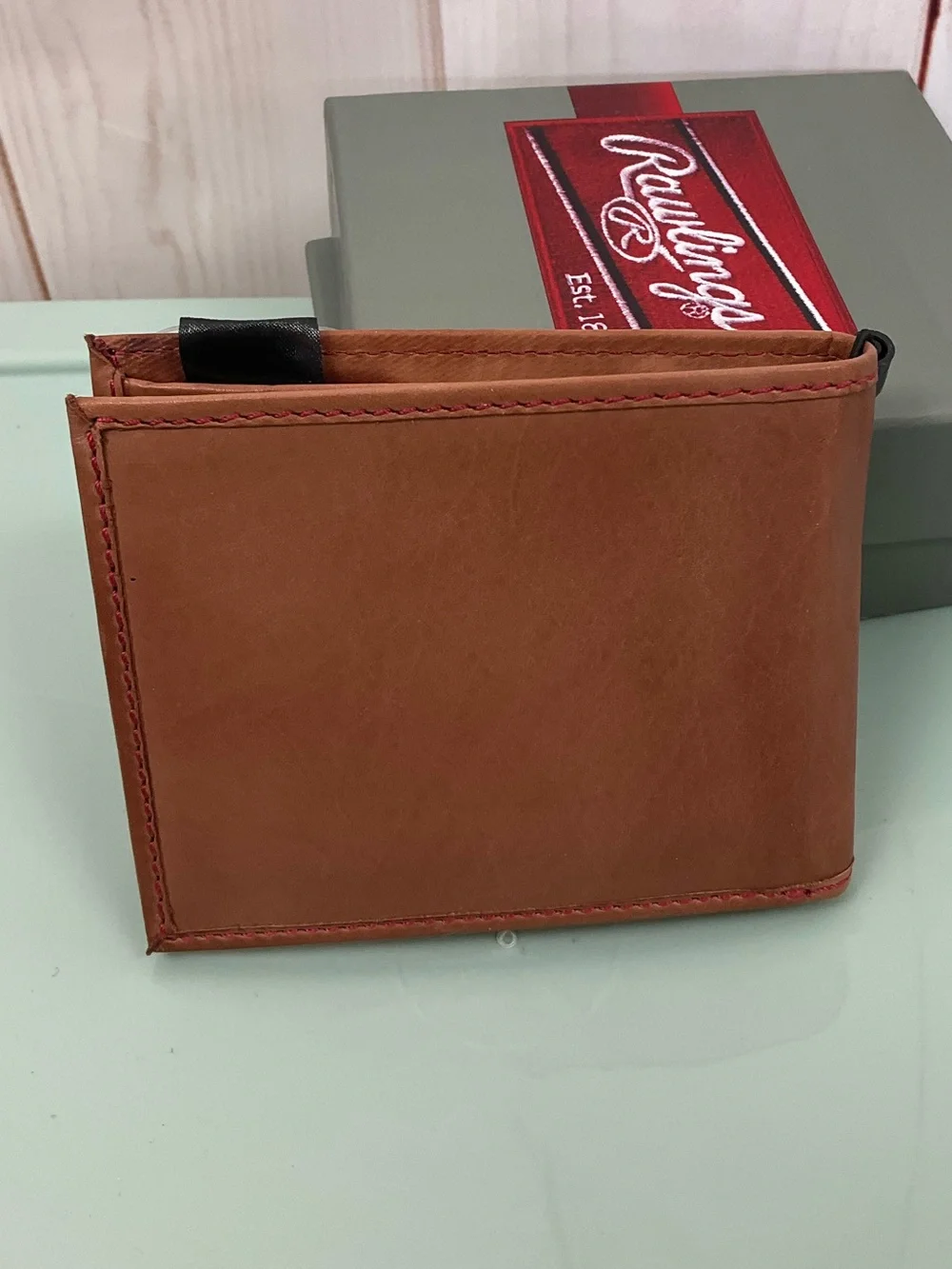 2022 Rawlings NCAA College World Series Tan Leather Bi-Fold Wallet Red Stitching